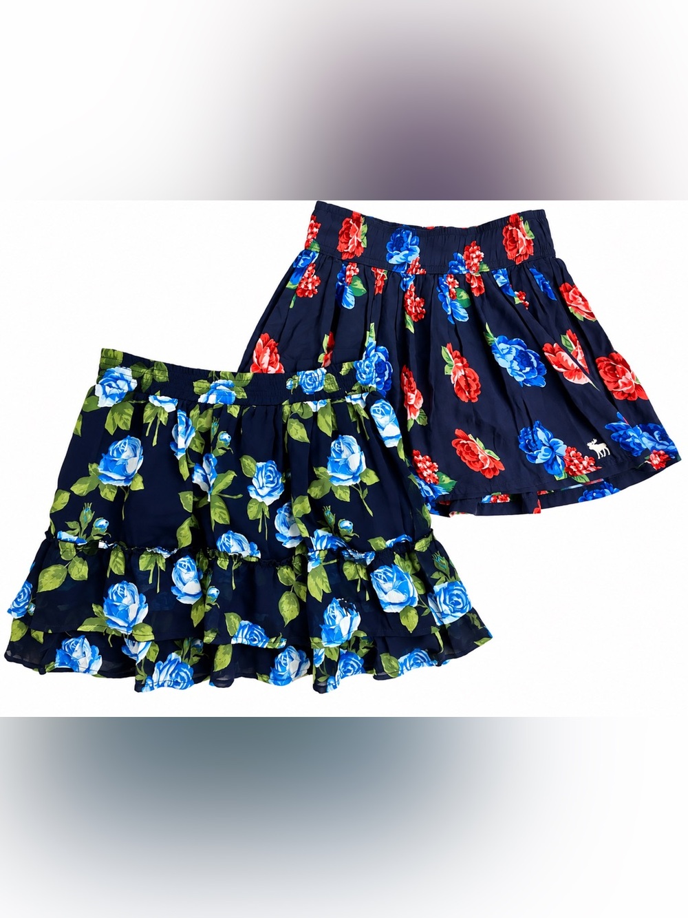 Abercrombie & Fitch (2)Navy Floral Tiered Skirts with Blue and Red Roses XS & S